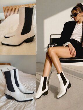 L’intervalle White Leather Square Toe Chelsea Boots Size 36 Made in Spain